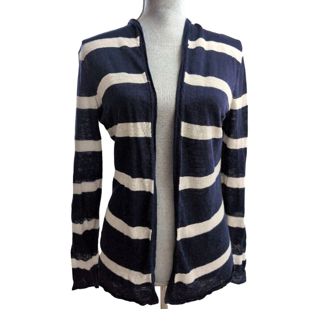 Hiho Hooded Cardigan Womens XS Blue White Linen‎ Coastal Beachy Lightweight